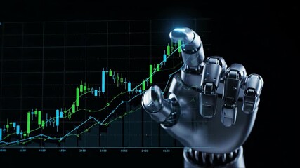 Robotic hand interacting with financial chart displaying growth trends and technology - Powered by Adobe