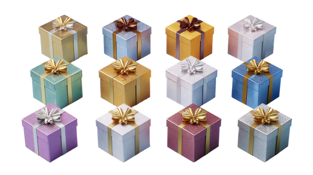 Assorted colorful gift boxes with ribbons, arranged beautifully on transparent background