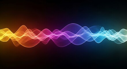Abstract colorful sound wave visualization with glowing lines on a dark background, representing audio or music