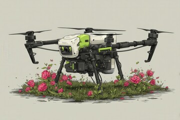 Innovative drone operating above vibrant roses seamlessly blending technology and nature reflecting advanced ecological monitoring techniques and sustainable practices
