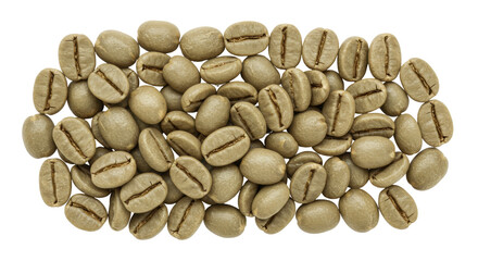 Unroasted green coffee beans isolated, raw coffee grains for roasting and processing on a transparent background