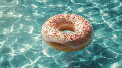 A donut with sprinkles floating on the surface of a clear blue swimming pool on a bright sunny day