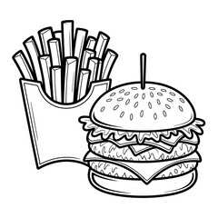 Black and white illustration of burger with fries vector drawing for coloring book or menu design vector illustration outline drawing fast food