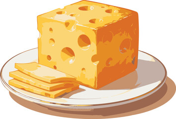 A block of Swiss cheese with holes and slices on a plate.