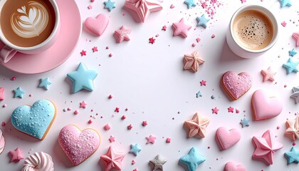 Pink, blue treats & coffee on white