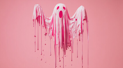 A pink ghost figure with dripping paint effect against a solid pink colored background studio shot