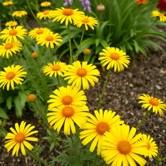 General view of group of yellow flowering plants of Gaillardia or blanketflower in garden