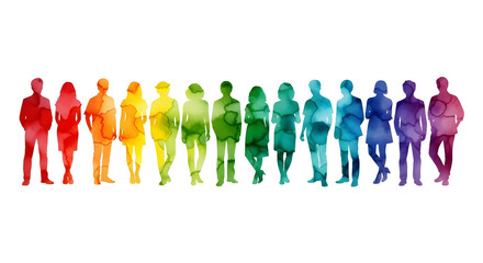 A diverse group of people depicted in watercolor, arranged in a spectrum of rainbow colors.