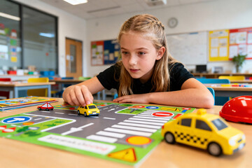 Teenage girl practicing road safety and personal protection in bright modern classroom, student engaged and focused on responsible healthy behavior, copy space