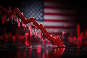 Red downward arrow dominates, implying economic decline, set against the U.S. flag and stock charts
