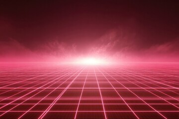 Glowing red grid stretches towards a bright horizon with abstract clouds in a futuristic scene