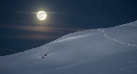 Skiers ascend a snowcovered mountain under the enchanting glow of the full moon