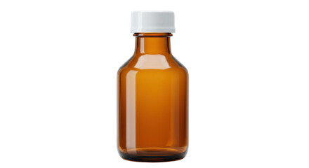 Amber glass bottle with white cap isolated, empty syrup container on transparent background, medicine packaging for healthcare and pharmaceutical use