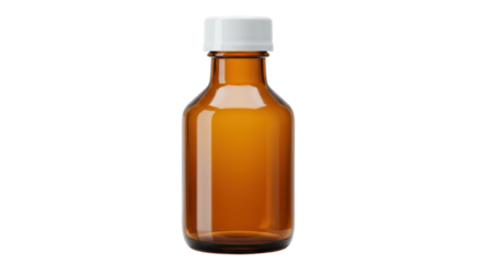 Amber glass bottle with white cap isolated, empty syrup container on transparent background, medicine packaging for healthcare and pharmaceutical use