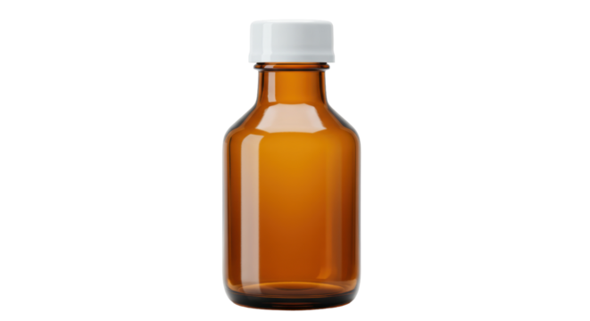 Amber glass bottle with white cap isolated, empty syrup container on transparent background, medicine packaging for healthcare and pharmaceutical use