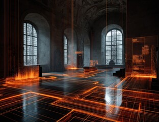 Futuristic Interior with Glowing Orange Circuitry on Dark Reflective Floor and Arched Windows.