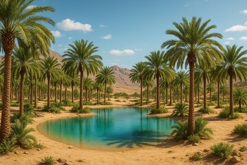Obraz premium Tropical oasis lagoon with palm trees and turquoise water – desert paradise scene