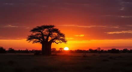 Silhouette of a baobab tree at sunset in the african savanna