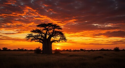 Dramatic sunset with a baobab tree silhouette in the african landscape