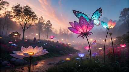 Enchanted twilight garden with glowing flowers and magical butterflies dancing in mist.