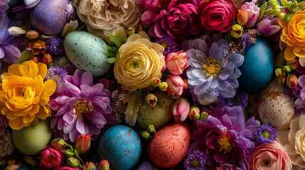 A vibrant easter display featuring colorful eggs nestled among a variety of blooming flowers