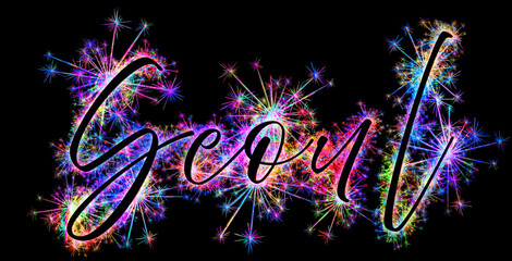 Kolorowe zimne ognie i fajerwerki układające się w kształt nazwy miasta Seoul stolicy Państwa Korea Południowa.