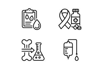 Medical Treatment and Healthcare Procedures Represented in Line Art including Blood Tests Cancer Awareness Bone Marrow Transplants and Intravenous Therapy
