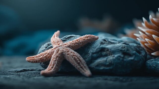 Close up of a starfish on a rock against a blurred underwater background
