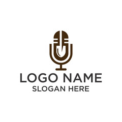 Obraz premium Minimalist Line Art Microphone Podcast Audio Recording Technology Logo