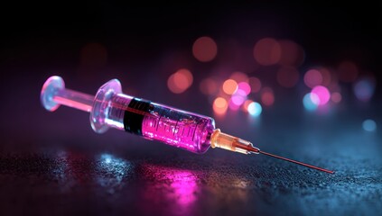 Futuristic medical syringe with glowing pink fluid and colorful bokeh lights.