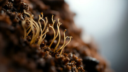 Closeup of mycelium filaments emerging, showcasing coffee texture under soft light, highlighting nature's intricate details.