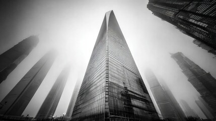 Black And White Skyscrapers In Fog