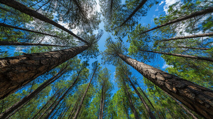 Tall Pine Trees Reaching Sky With View From Below Showing Majestic Forest Canopy, Natural Bark. Tranquil Wilderness Green Tree Tops. Towering Evergreen Woods. Wild Landscape Scenic Forest Harmony