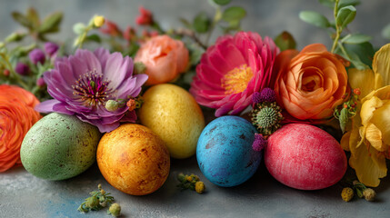 Colorful easter eggs nestled among vibrant flowers creating a festive springtime arrangement