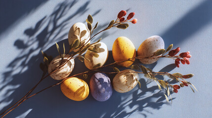 Still life of easter eggs with floral accents casting shadows on a light blue textured background