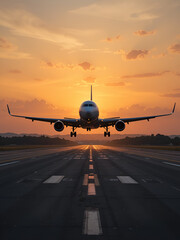 Airplane takes off runway against beautiful sunset. Commercial jet aircraft flies. Travel, transportation, aviation concept. Passenger plane depart sky. Flight at sunset. Vacation, journey, adventure