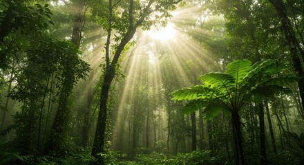 Obraz premium Sunlight streams through trees in a tropical rainforest, creating a serene scene