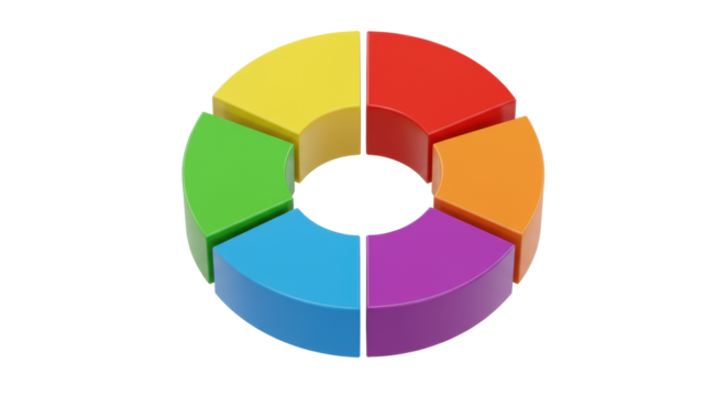 Colorful pie chart isolated on transparent background, 3D render of business data visualization in PNG format