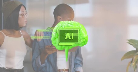 Female duo interacting tablet initiating AI brain animating data panels for collaboration - Powered by Adobe