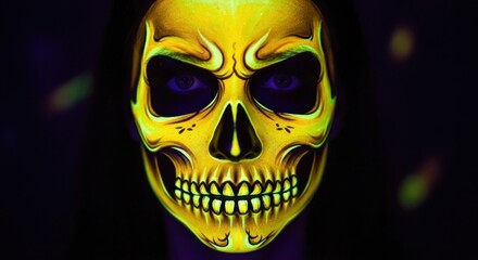 Naklejka premium Woman with skull face paint glowing under blacklight for halloween party