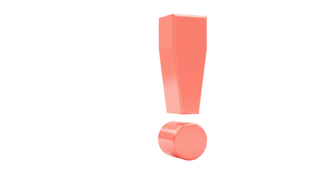 Salmon pink exclamation mark isolated PNG, 3D rendering of punctuation symbol on transparent background for graphic design and attention grabbing