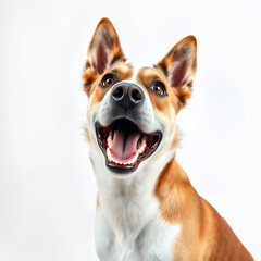 Retrato de perro con expresion de sorpresa sobre fondo blanco