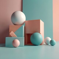 Minimal modern workspace with abstract 3D shapes (geometric cubes, spheres) on a clean background, futuristic office design, pastel tones,Generative Ai
