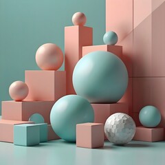 Minimal modern workspace with abstract 3D shapes (geometric cubes, spheres) on a clean background, futuristic office design, pastel tones,Generative Ai
