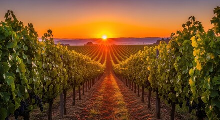 Fototapeta premium Vineyard rows at sunrise with sun shining over the horizon in the distance