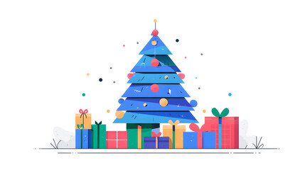 Festive Christmas Tree Surrounded by Colorful Presents Ornaments banner background card illustration 