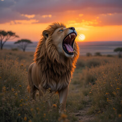 Lioness roaring outdoors in the savannah at sunrise