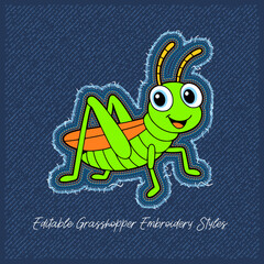 Cute Cartoon Grasshopper with Embroidery Patch Style,vector illustration