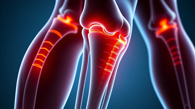 High detail image of overstressed femur bone microfracture lines showing femoral stress fracture due to repetitive running impact