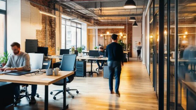 Modern open office with blurred motion, showcasing a busy work environment. Captured from a wide-angle, ideal for a corporate video backdrop.